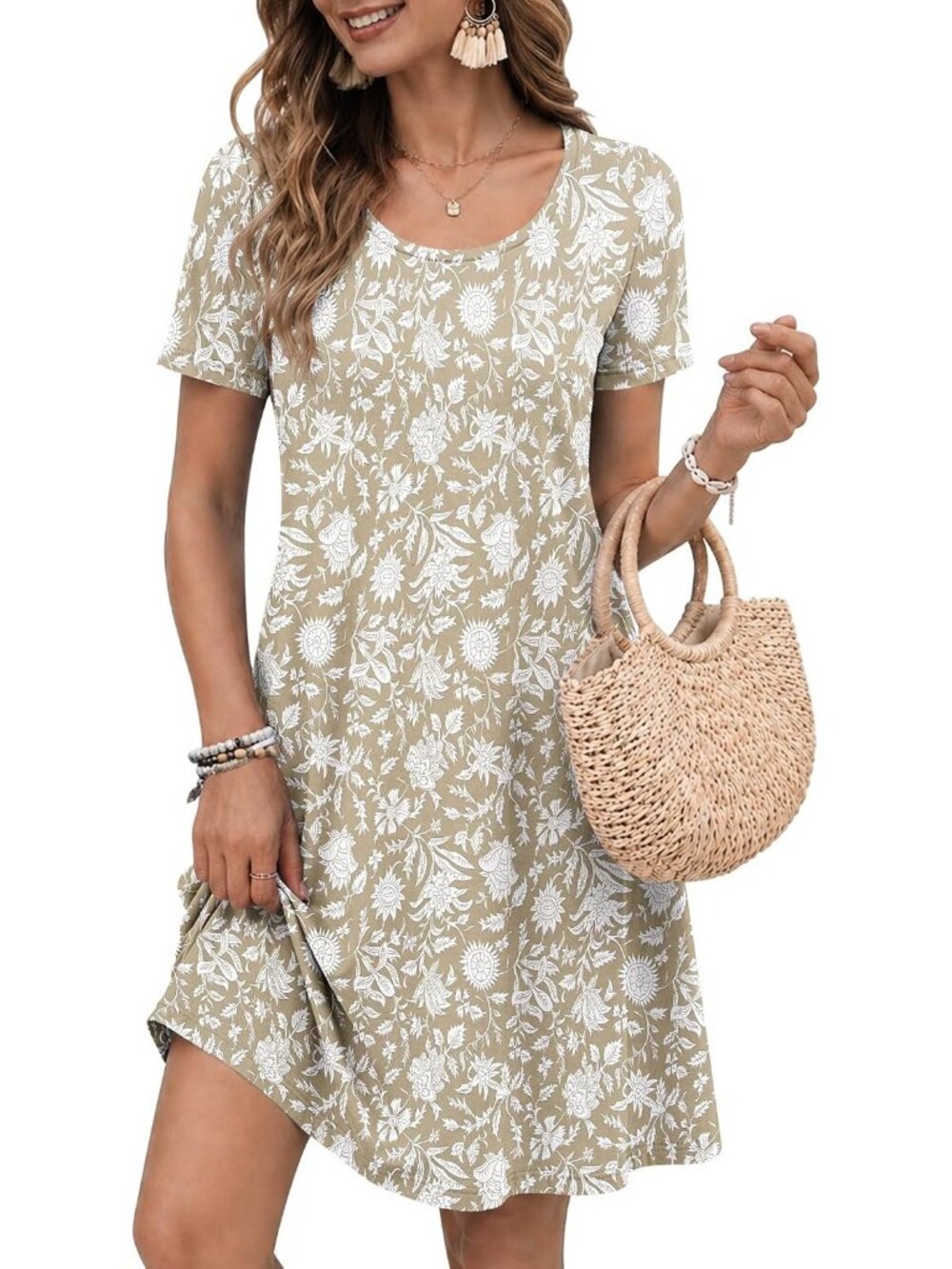 Women's Beige Fragrant Floral Crew Neck Short Sleeve Pull On Pockets T Shirts